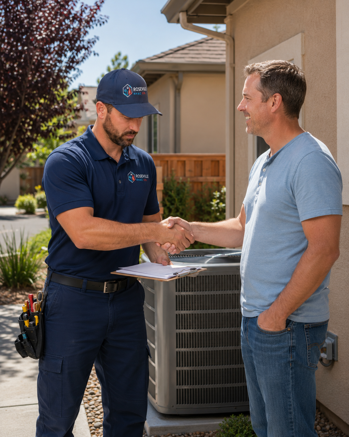 Roseville HVAC Co. technician shaking hands with a homeowner after completing a service call