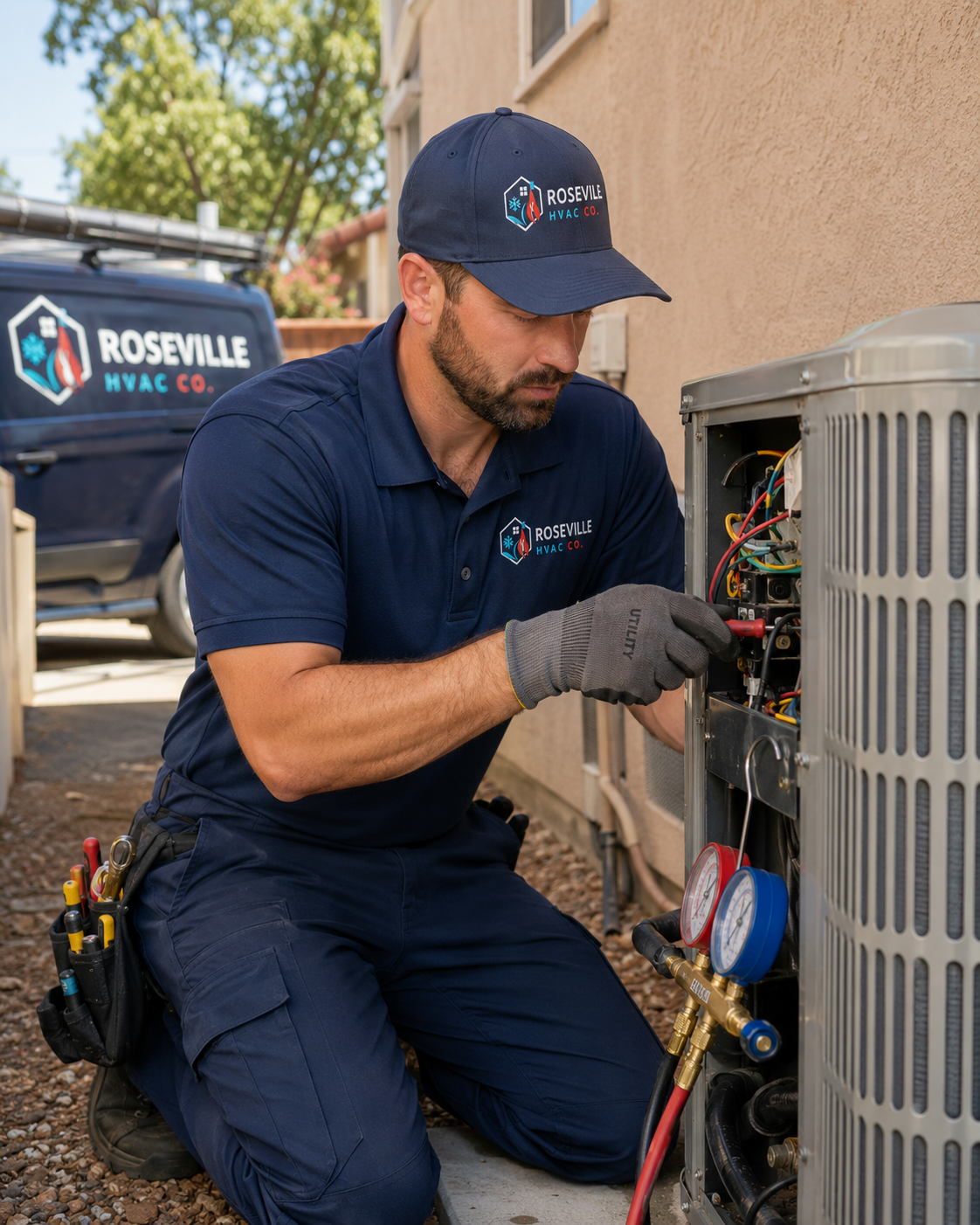 Roseville HVAC Co. technician servicing an outdoor AC condenser unit in Roseville, CA
