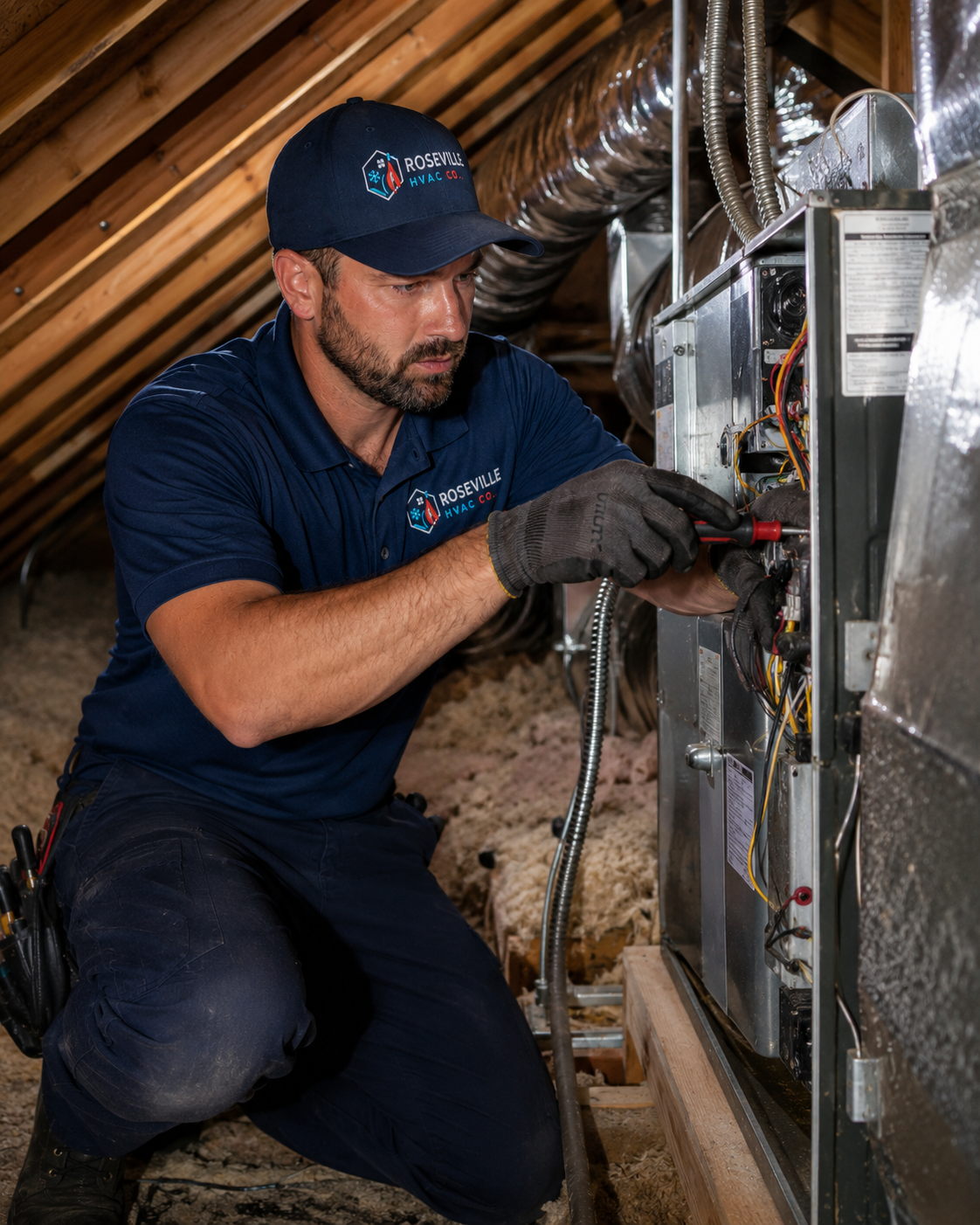 Roseville HVAC Co. technician servicing a residential furnace