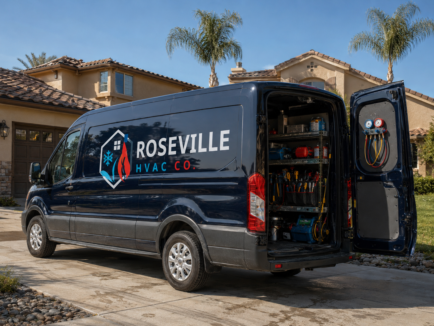 Roseville HVAC Co. branded service van parked in a Roseville, CA residential driveway